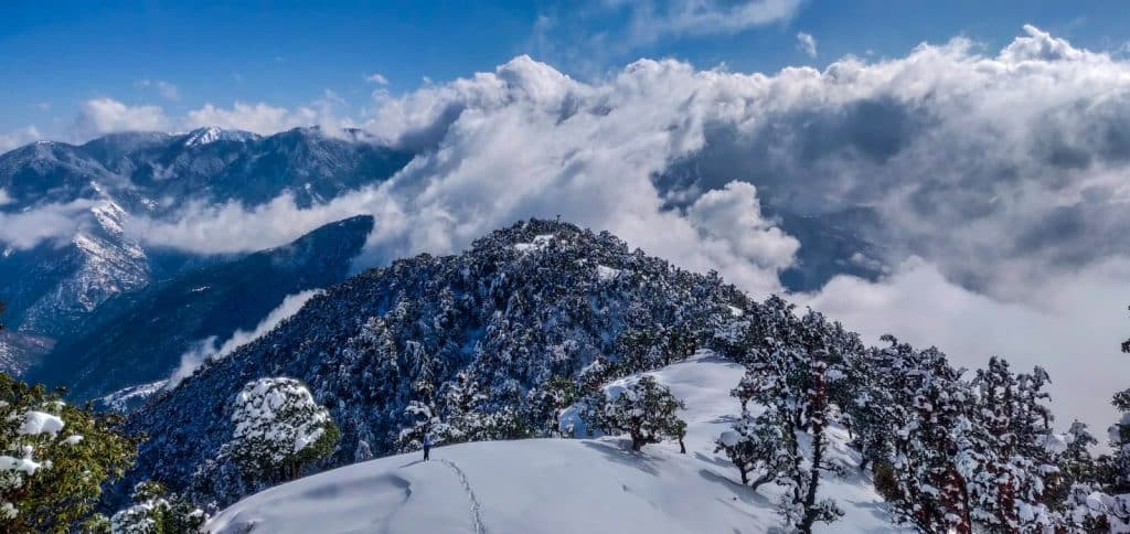 snow covered mountain under white clouds during daytime